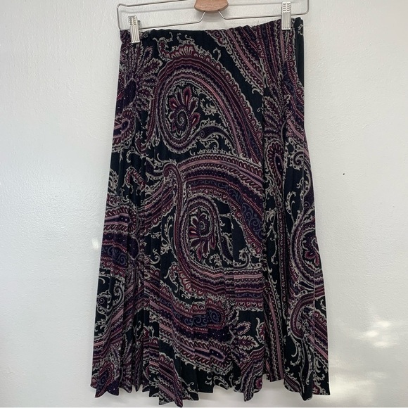 Vintage Pleated Midi Skirt Medium  Elastic Waist Purple Black Geometric Boho - Picture 4 of 8